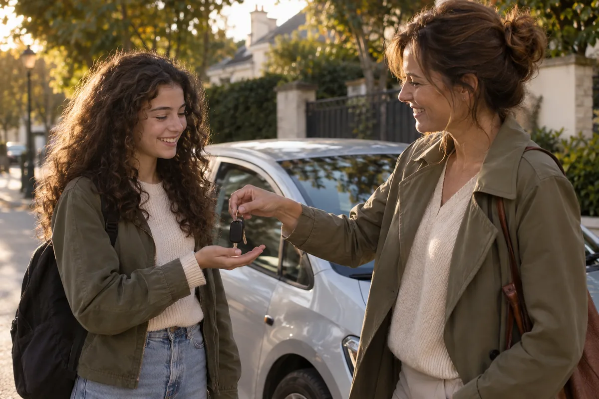 Une adolescente et sa mère échangent les clés près d’une voiture — illustration