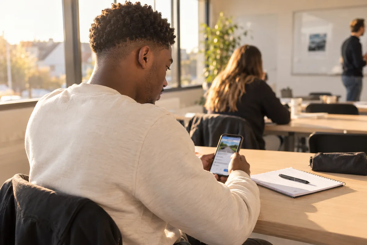 Étudiant révisant le code sur smartphone dans une salle lumineuse — illustration