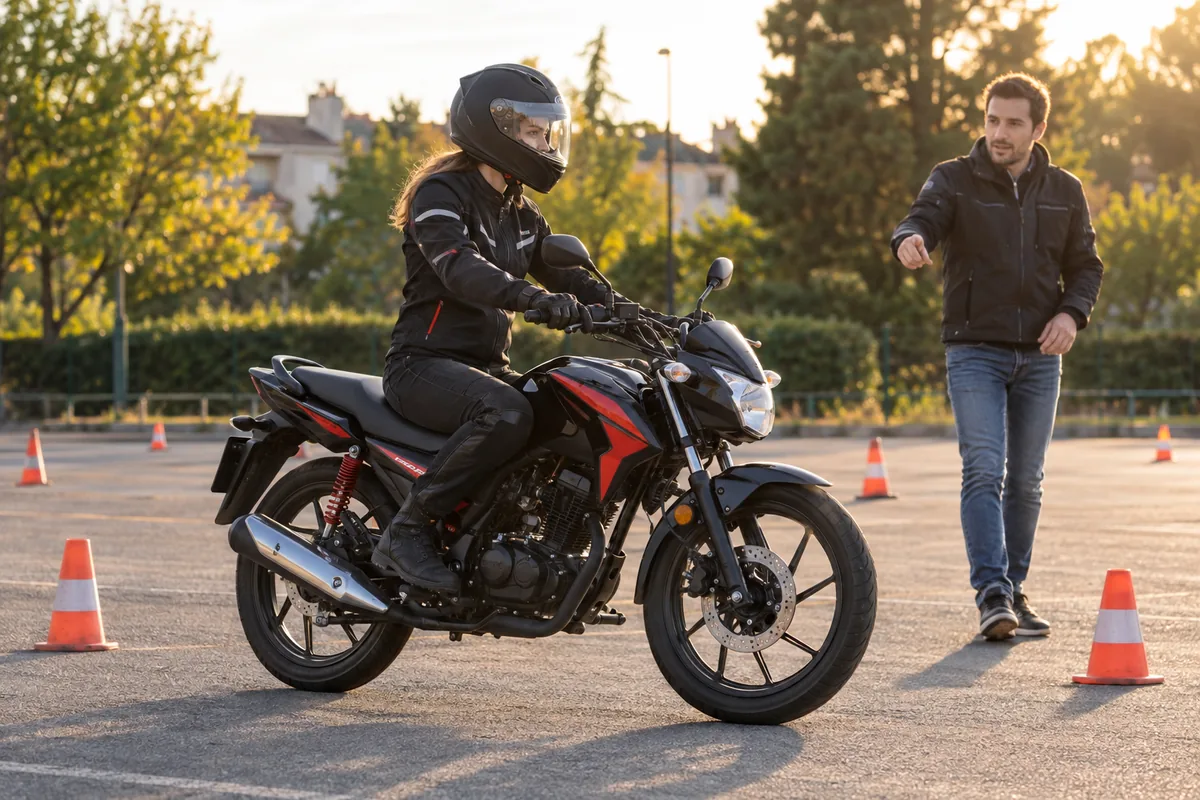 Motarde équipée sur une moto d’apprentissage, sur plateau — illustration