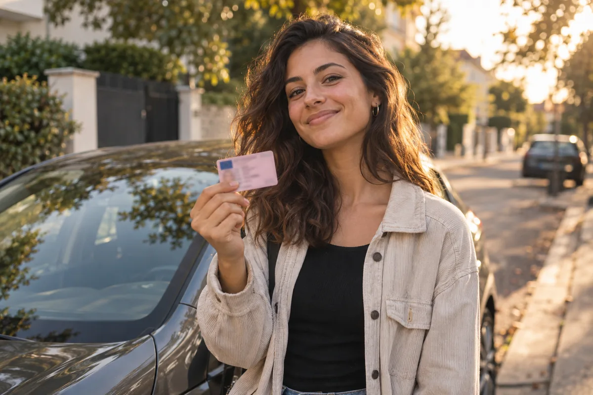 Jeune conductrice tenant une carte de permis rose devant une voiture — illustration